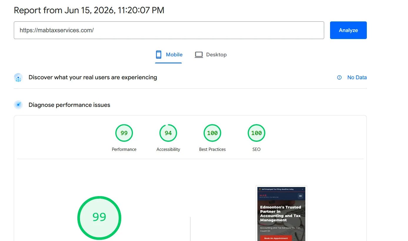 MAB Accounting & Tax Services Google page speed score