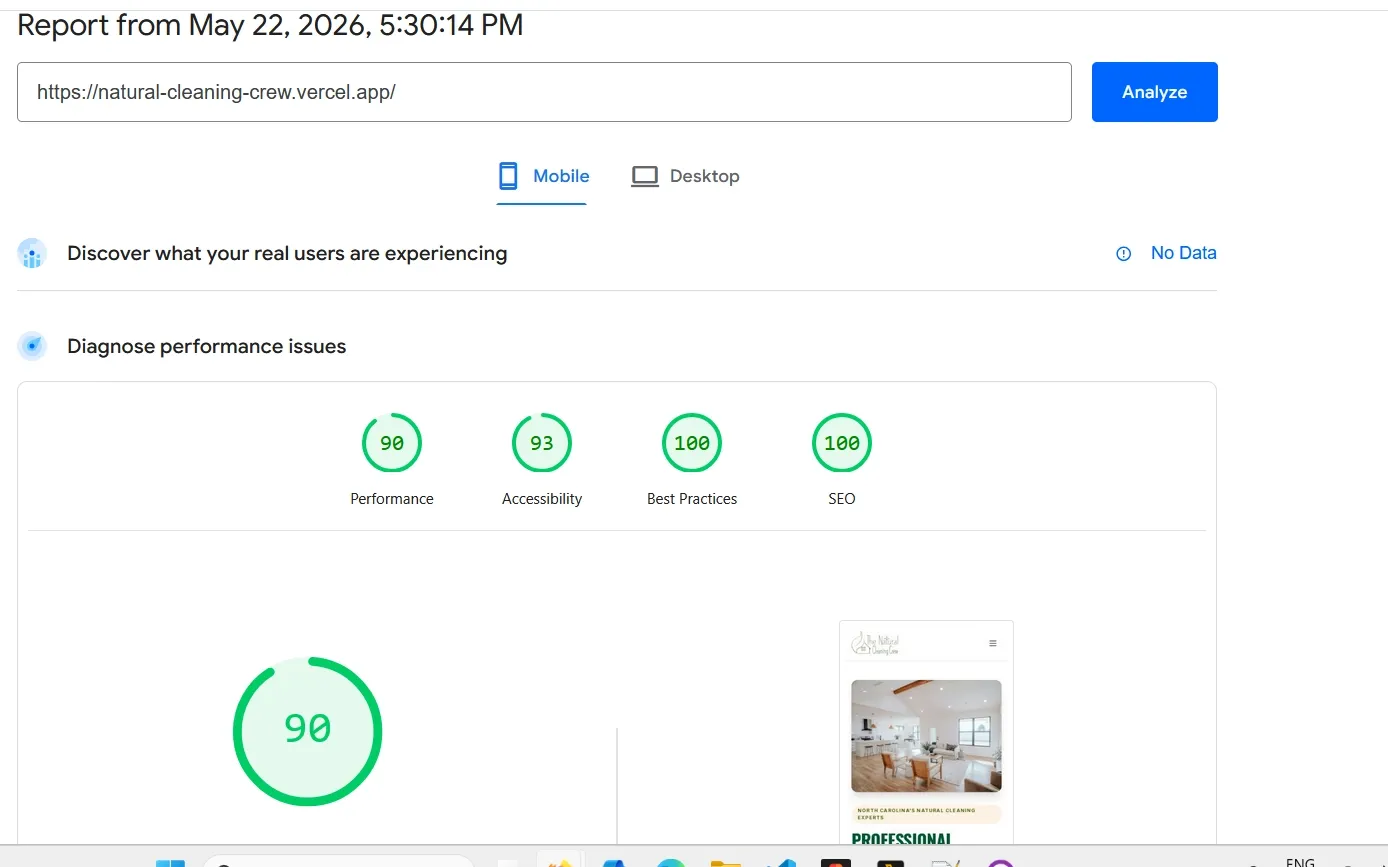 Natural Cleaning Crew new website Google page speed score